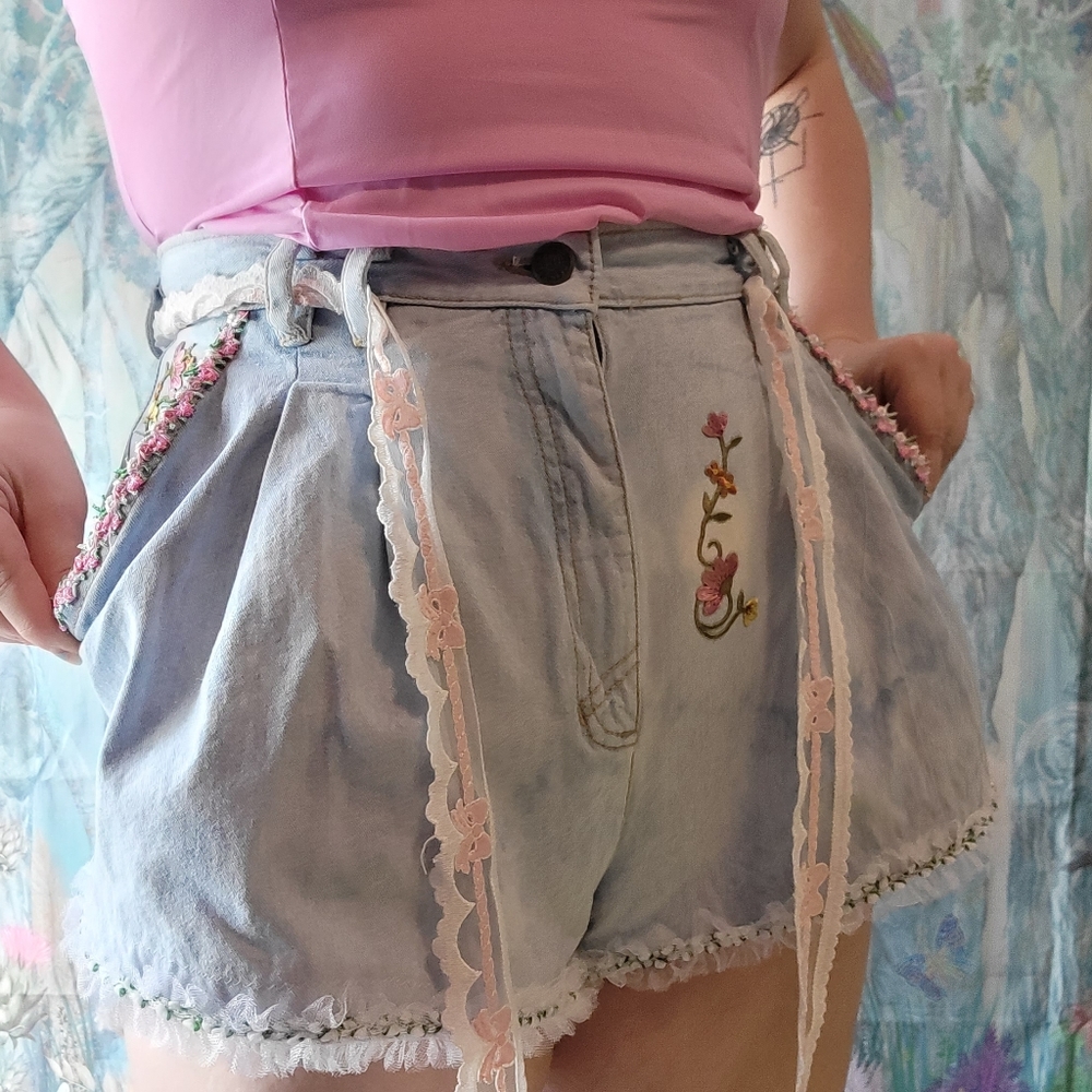 Vintage High-waisted Cottagecore Denim Shorts Reworked - Picture 1 of 14